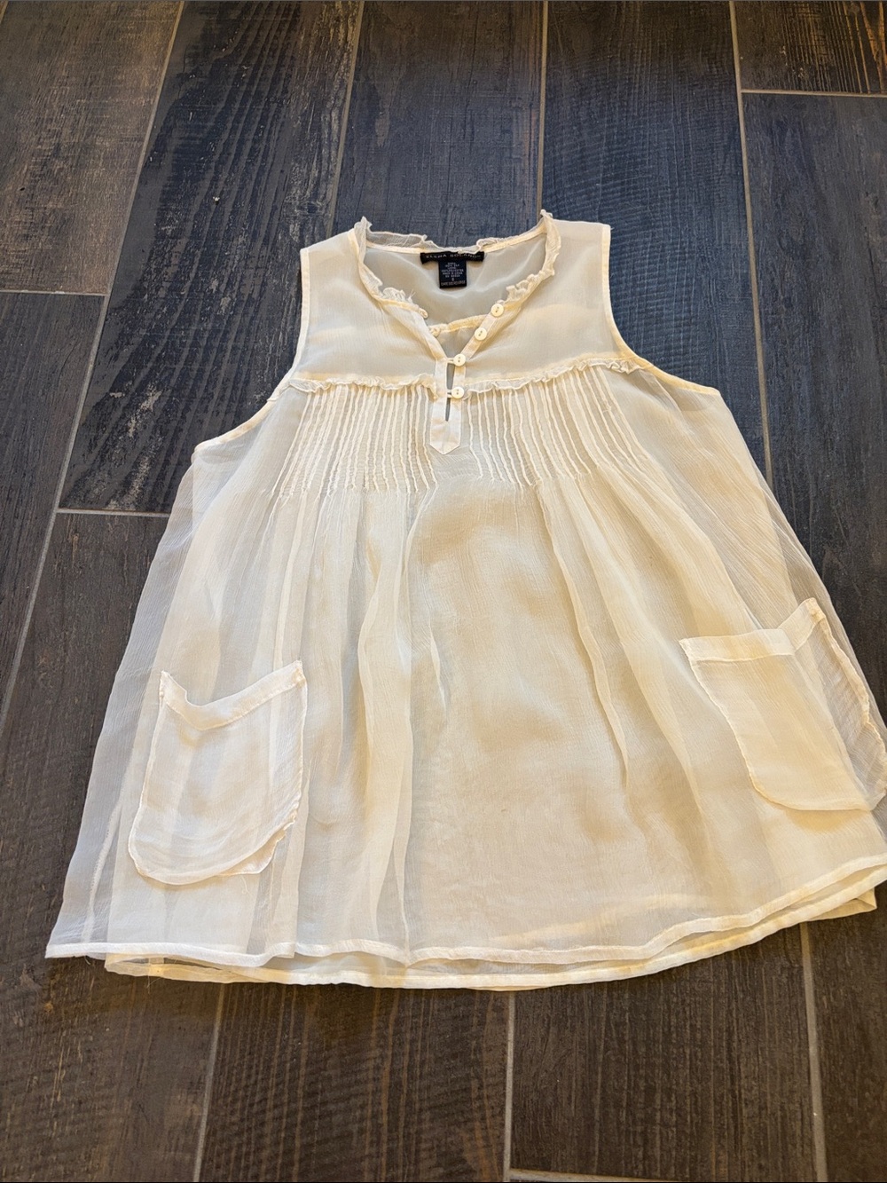 Sleeveless Cream Sheer Peasant Top with Front Pocket Details